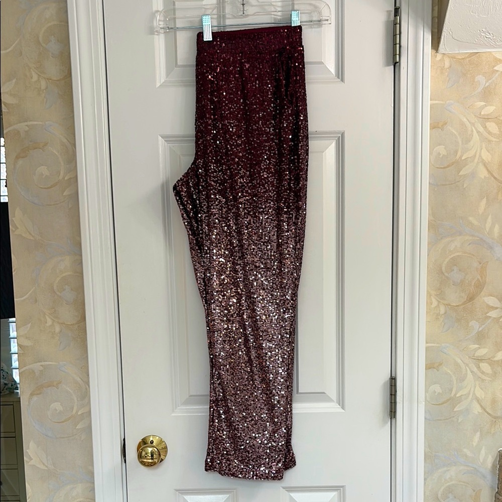 Cable and Gauge Sequin Ankle Pants in Burgundy Hombre. EUC